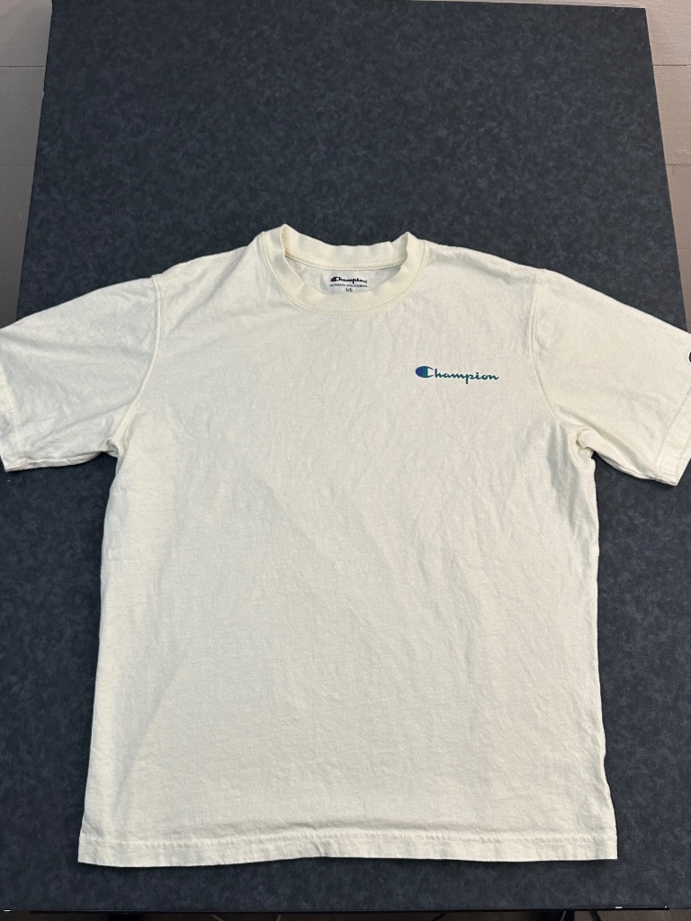 Champion Authentic Classic Logo Cream and Teal T Shirt Size Large